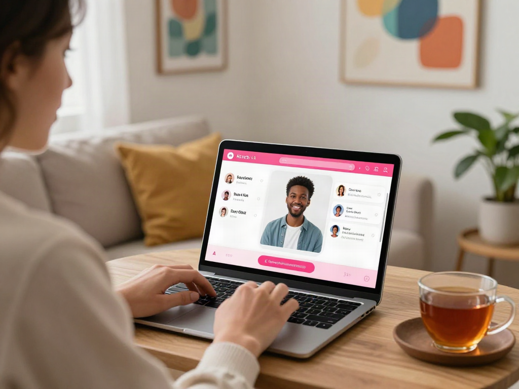 Engaging in AI sex chat through a tablet in a cozy modern environment.