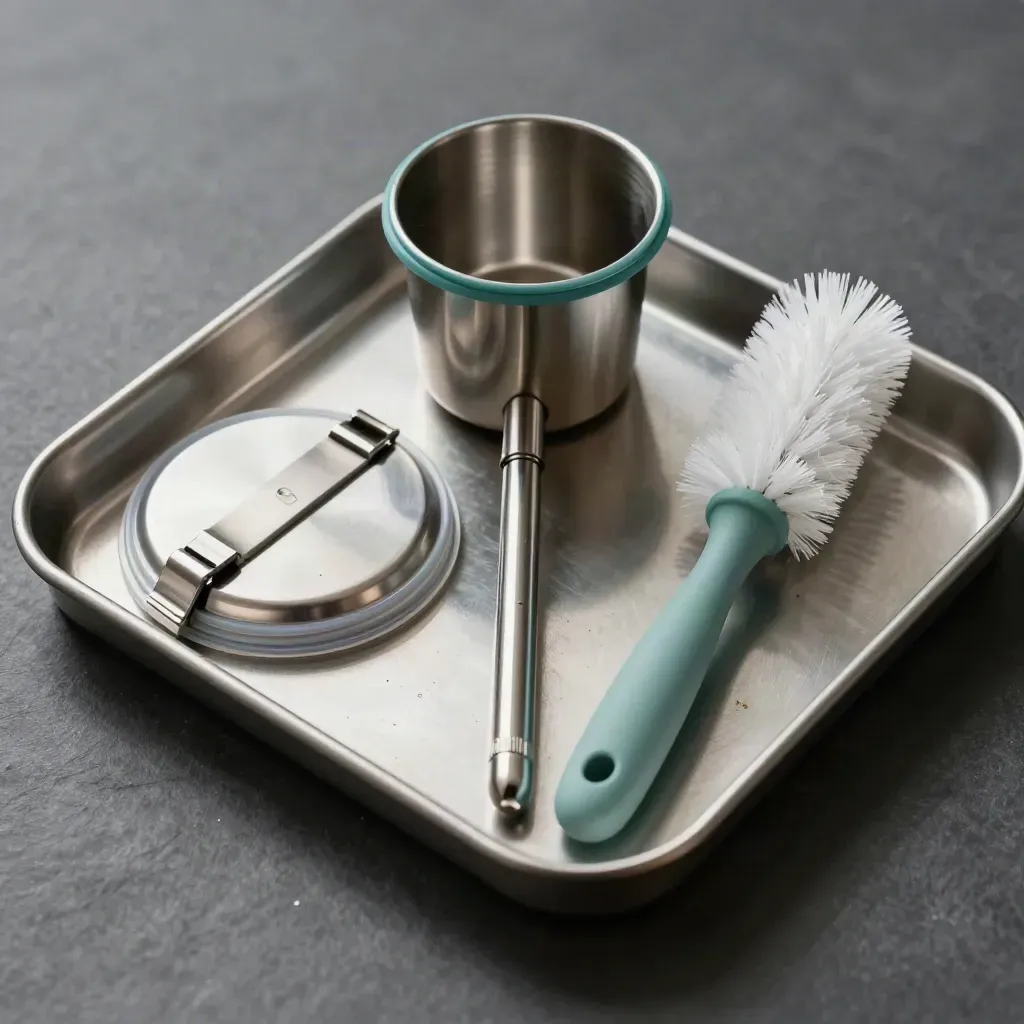 Top-down hygiene tools on brushed metal: probe, sample cup, tray lid and sanitation brush.