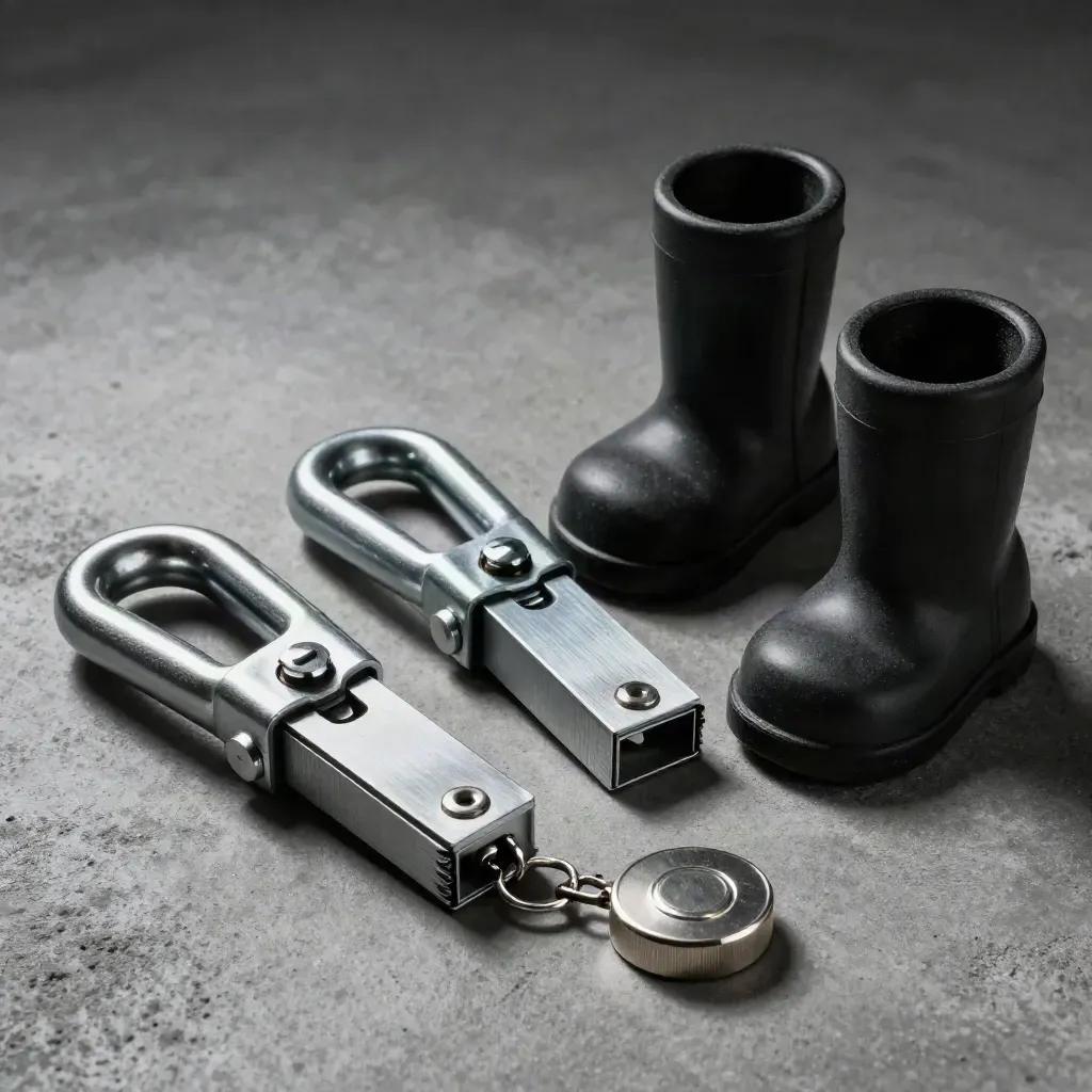 Lockout hasps and safety hardware arranged on brushed concrete in dramatic overhead light.