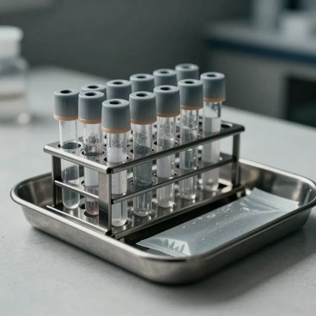 Medical storage still life with vial rack, specimen tubes and tray on frosted stone.
