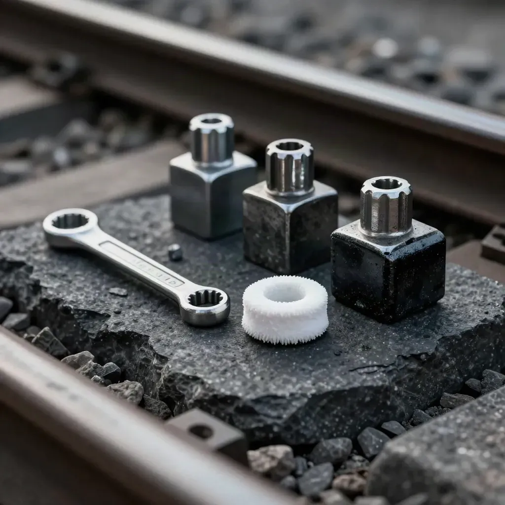 Rail clips, spanner, coupler sleeve and fastener block on basalt in a moody macro still life.