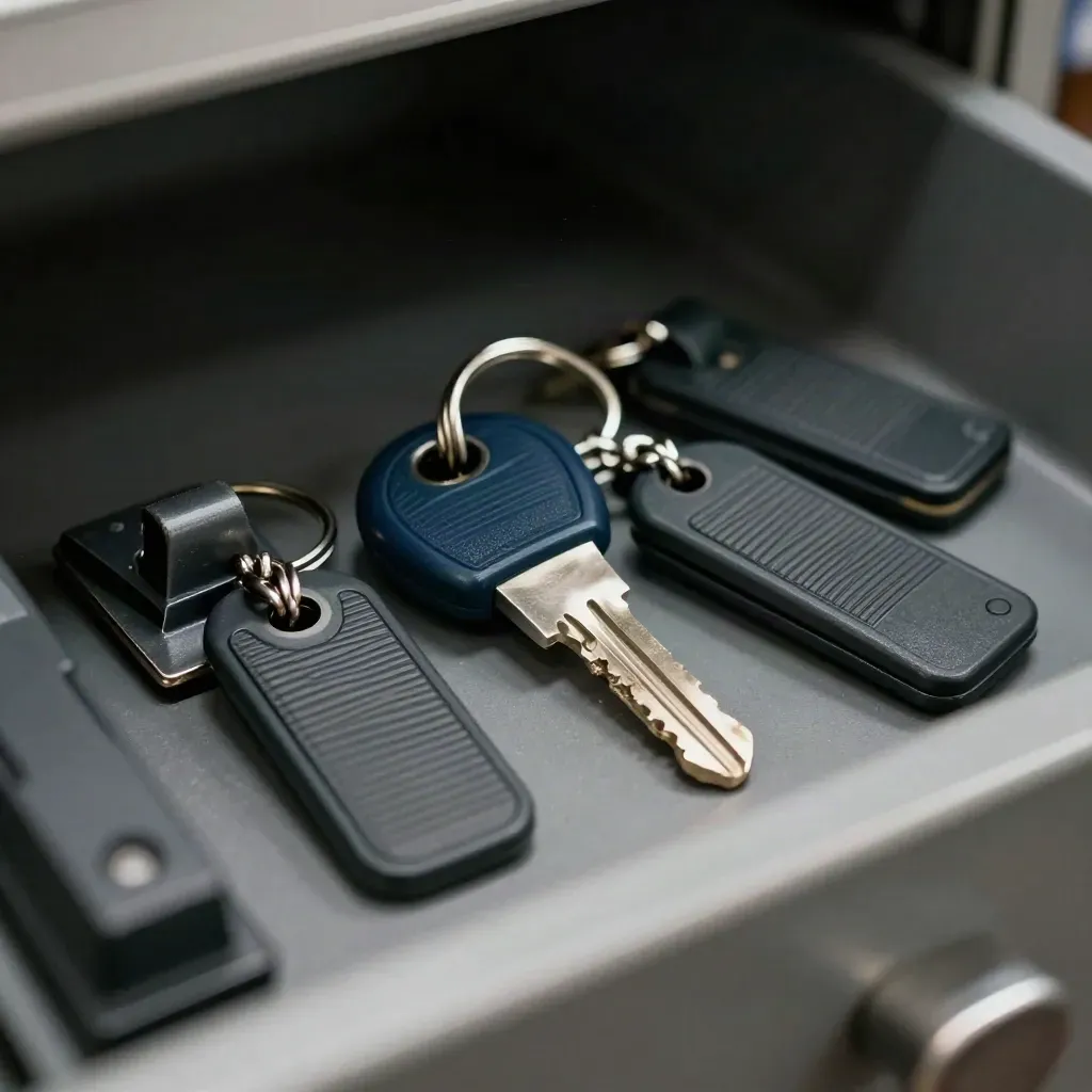 Retail security tags, clips, and key clustered on graphite in dramatic macro light.