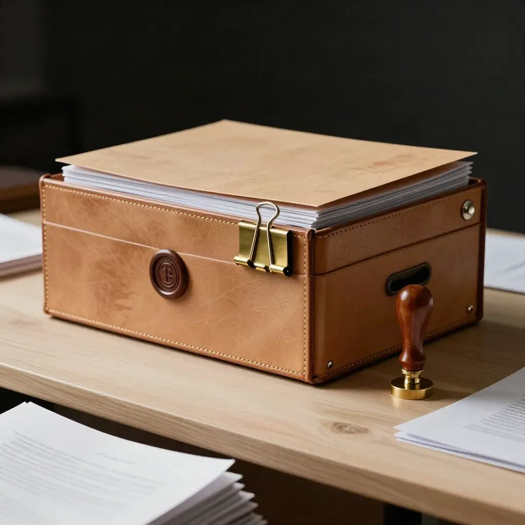Leather archive box with governance folders, brass clips, and a wax seal stamp on pale wood.