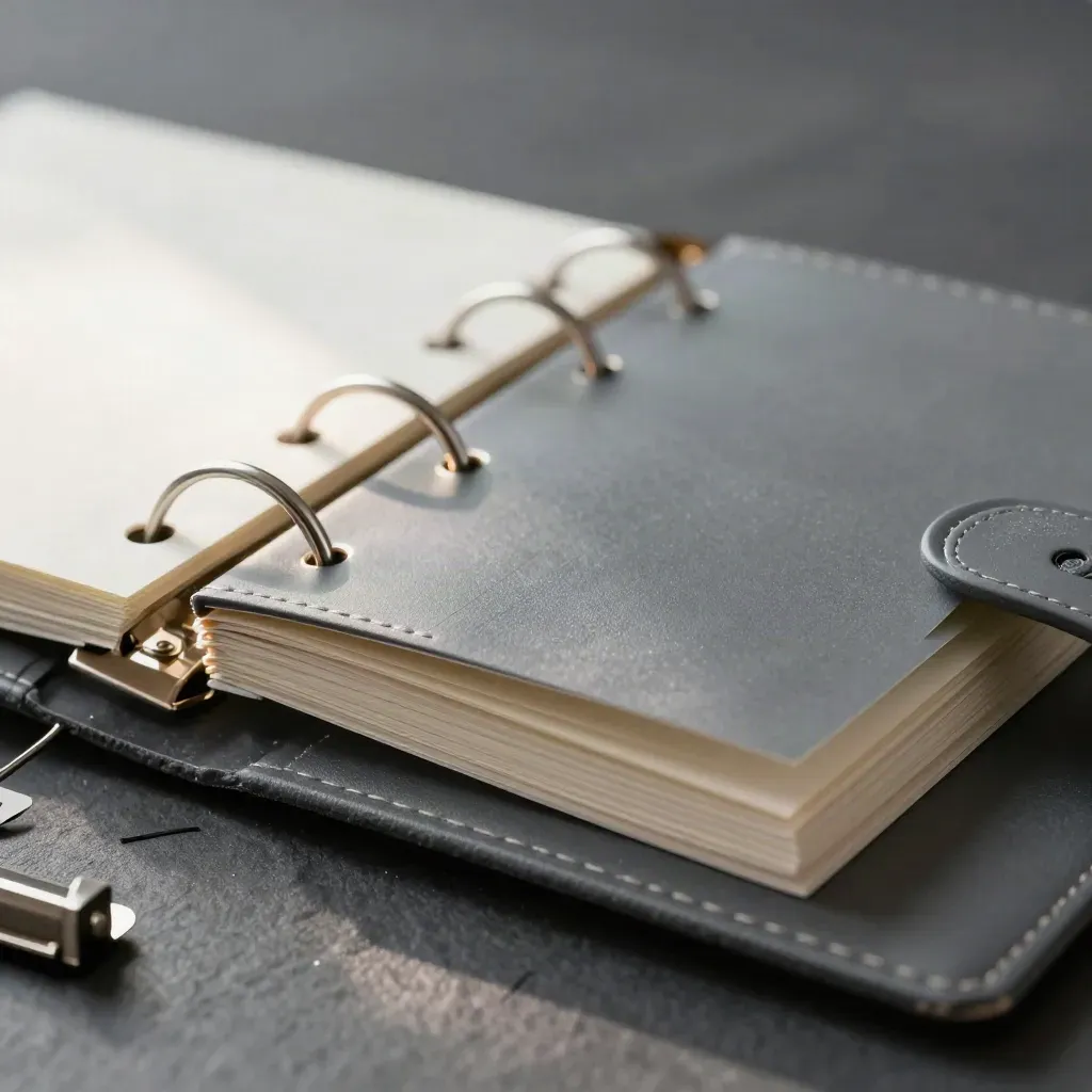 Opened binder segment with dividers and steel clips on slate, seen in tight macro.