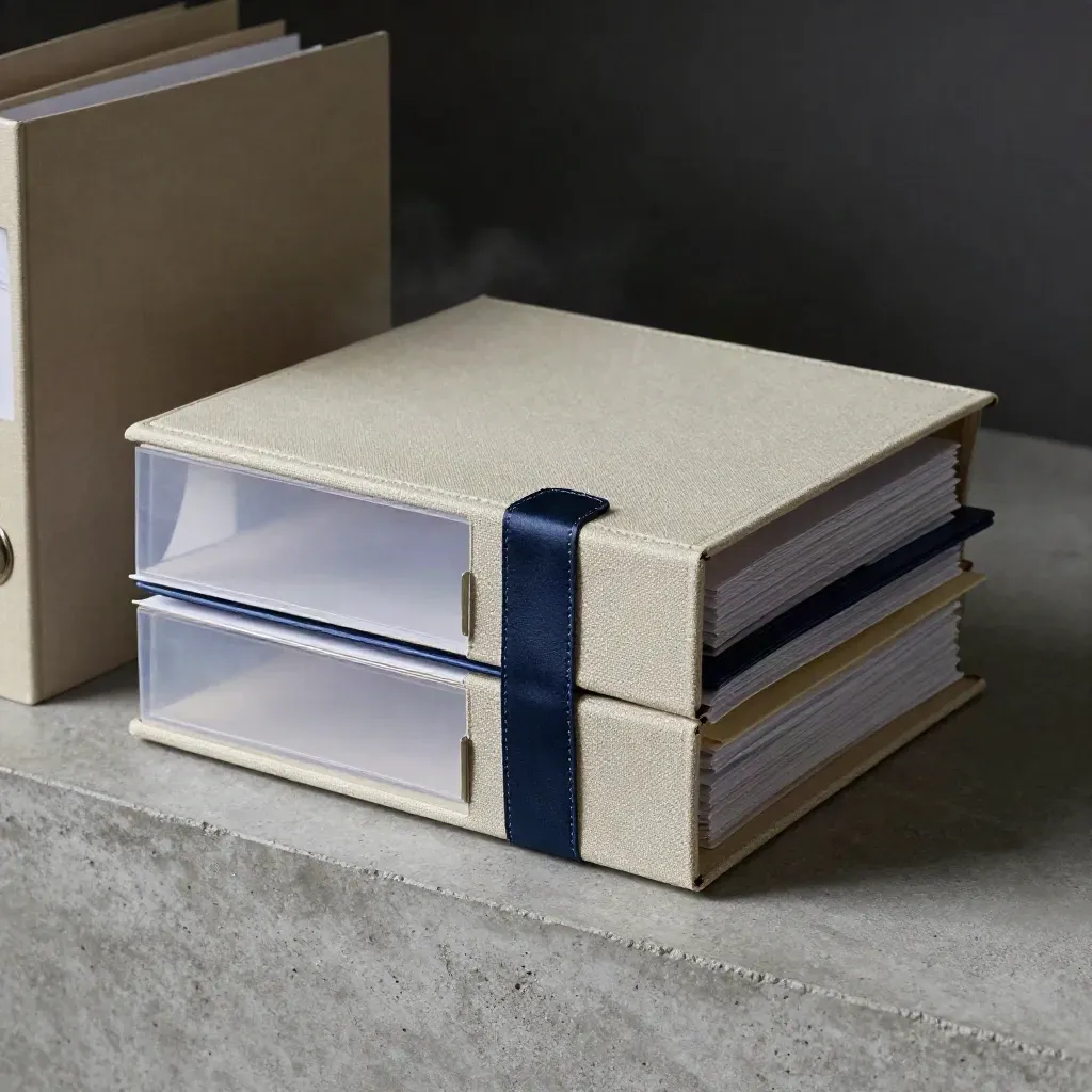 Closed linen archive binder with translucent sleeves and spine clamp on concrete under dramatic light.