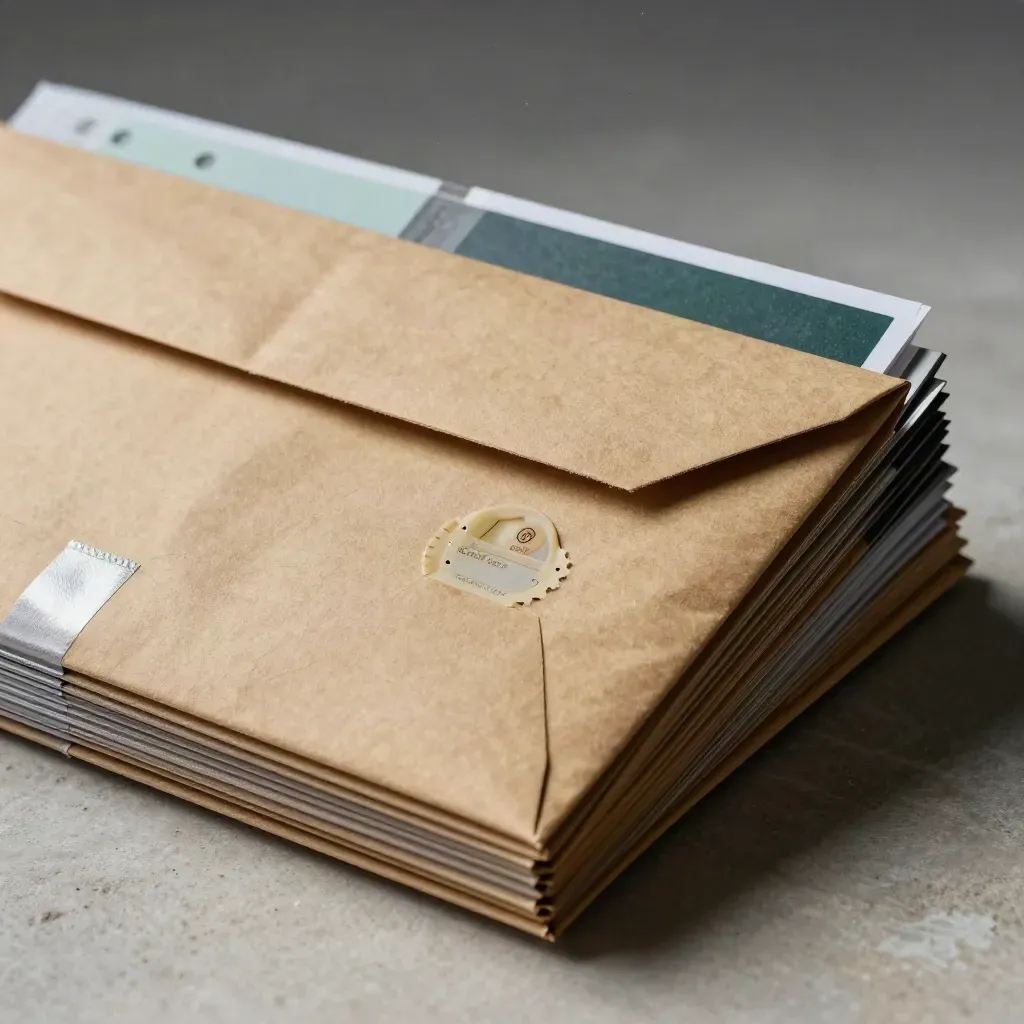 Courier envelopes, divider pack and clipped updates fanned on pale stone under cool light.