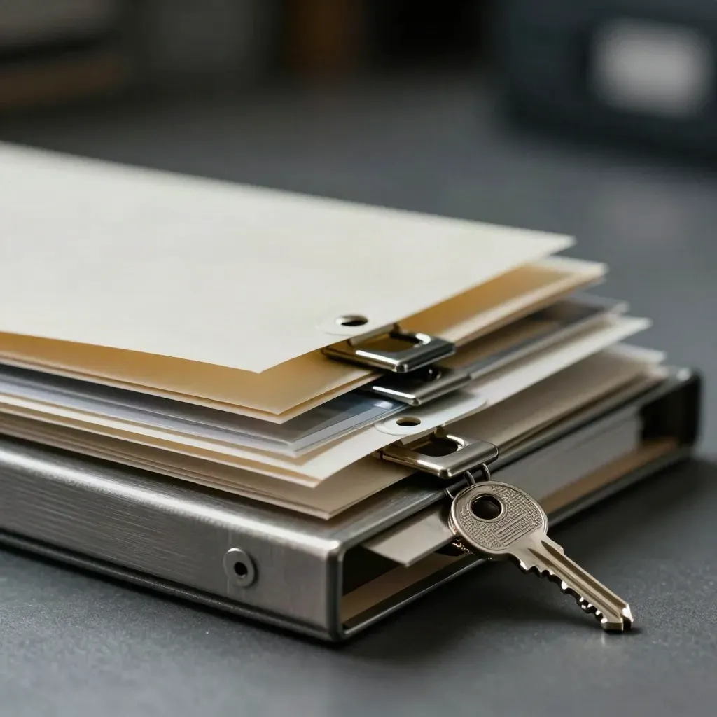 Archive clips and evidence sleeve on brushed metal, lit dramatically for audit trail.
