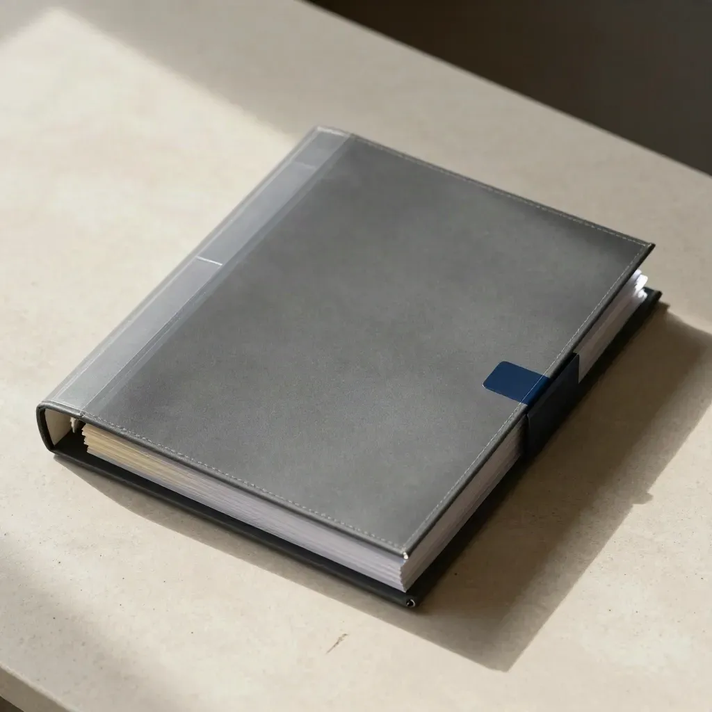 Overhead still life of clipped binders, clear cover sheet, and divider stack on cream stone.