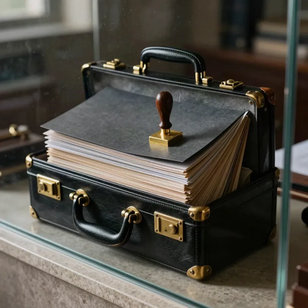 Leather briefcase, tabbed folders and brass stamp seen through blurred glass divider