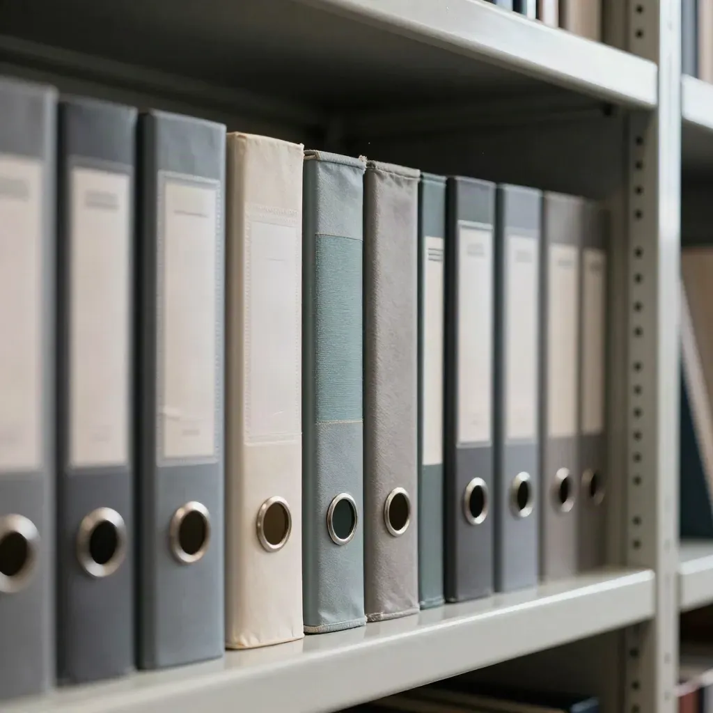 Shadowed shelf view of archive boxes and policy binders in a compliance records room.