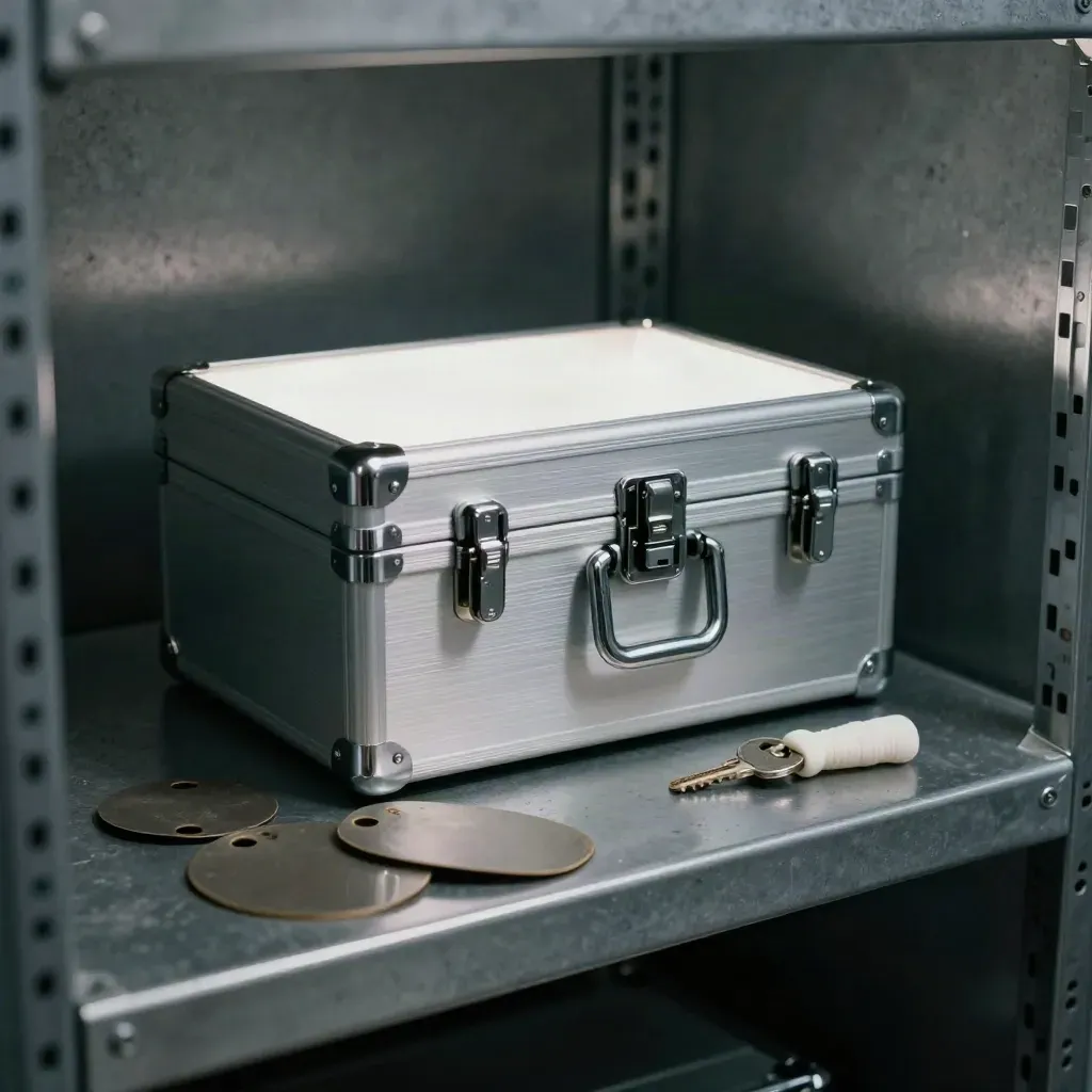 Mesh-view evidence box with risk tag discs and an insulated key on a dark steel shelf