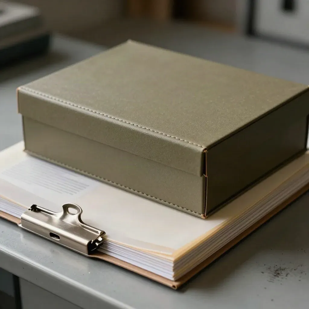 Top-down still life of archival compliance materials on an operations bench