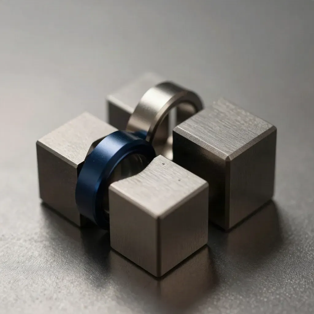 Macroscopic linked metal rings, connector block, and cubes on brushed metal with deep navy accent.
