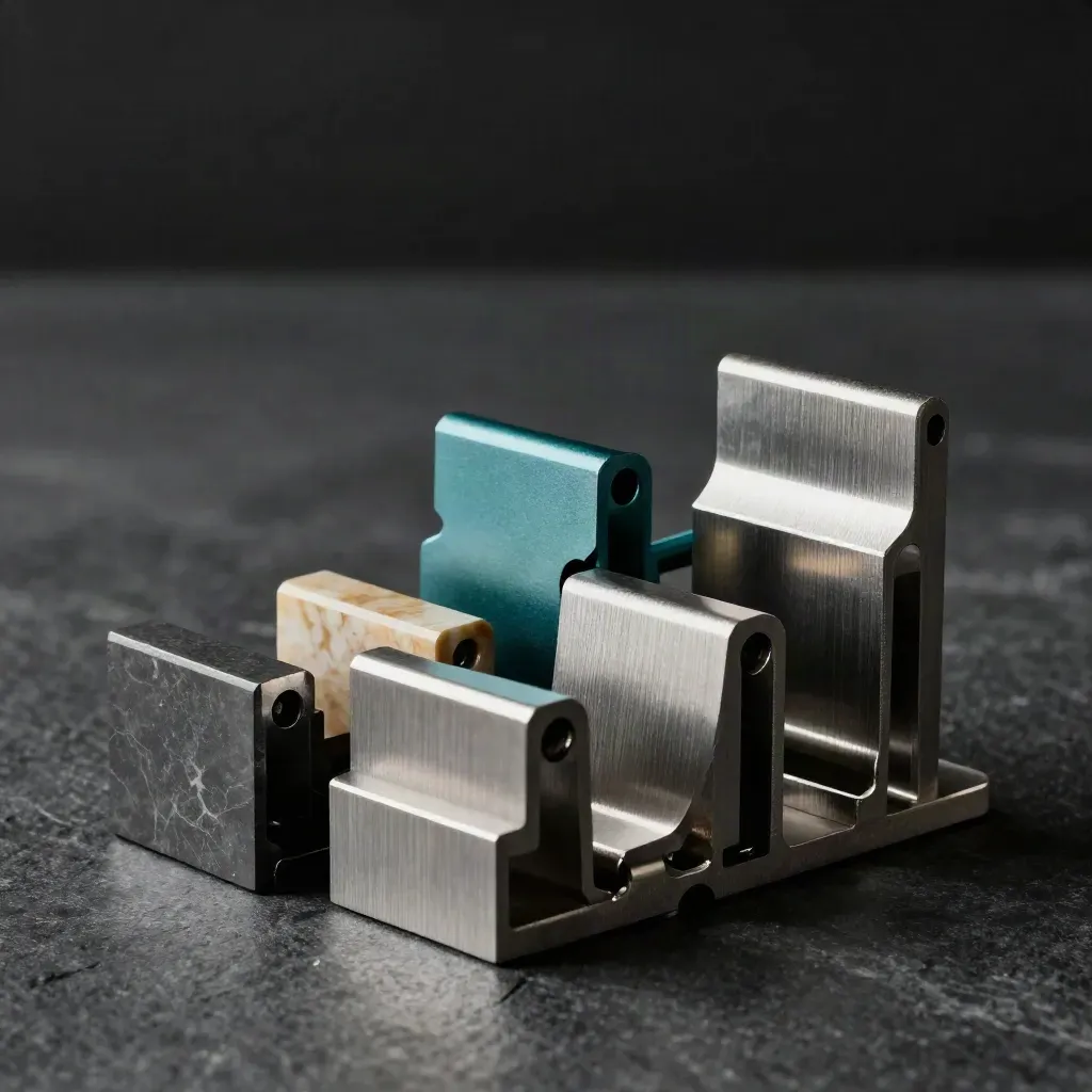 Aluminum brackets and dovetail blocks with a bridge connector on dark stone under dramatic studio light