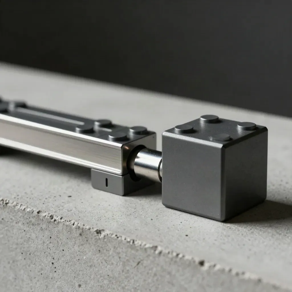 Graphite modular cubes and steel joiners arranged on pale concrete.