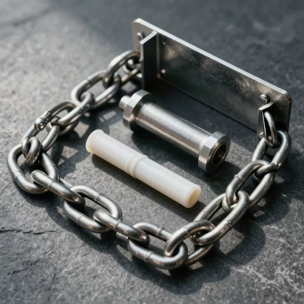Overhead still life of chain links, steel brackets, and a coupling bar on graphite.