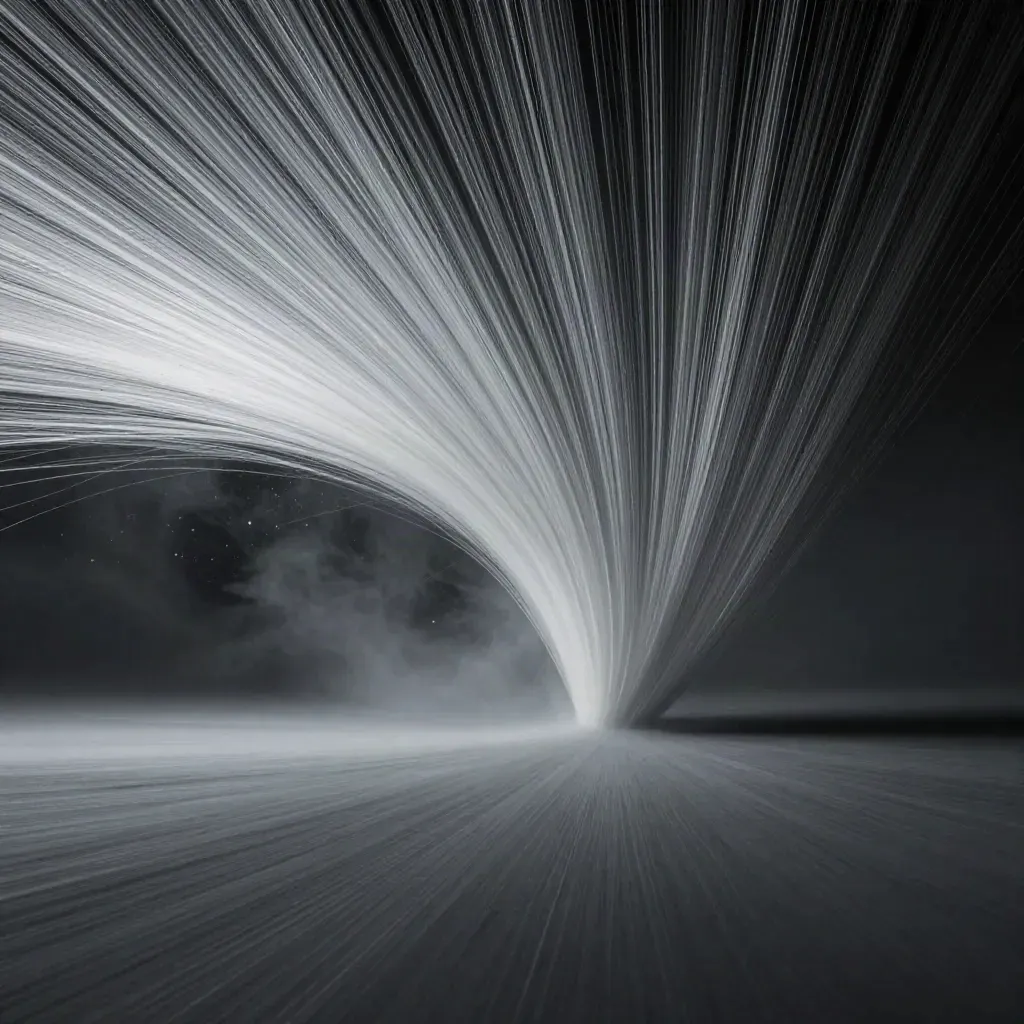 Abstract silver filaments converge into a white bloom in graphite space.