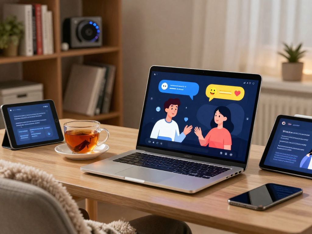 ai sex chat digital interaction scene in a cozy room with animated character and conversation interface